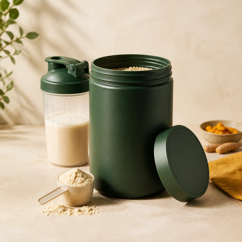 Unbranded bulk protein powder tub with a scoop and shaker