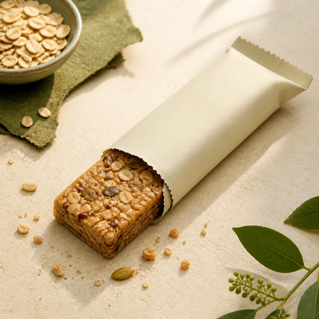 Unbranded protein snack bar partly opened from a wrapper