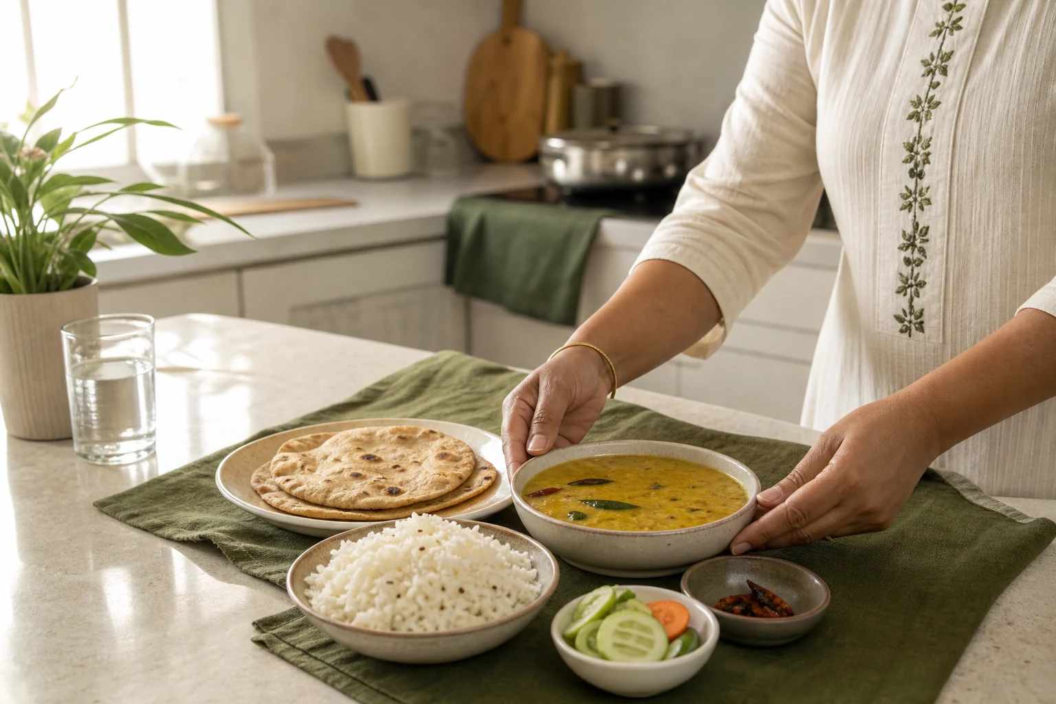 Adult setting out dal, rice and roti in a contemporary home kitchen