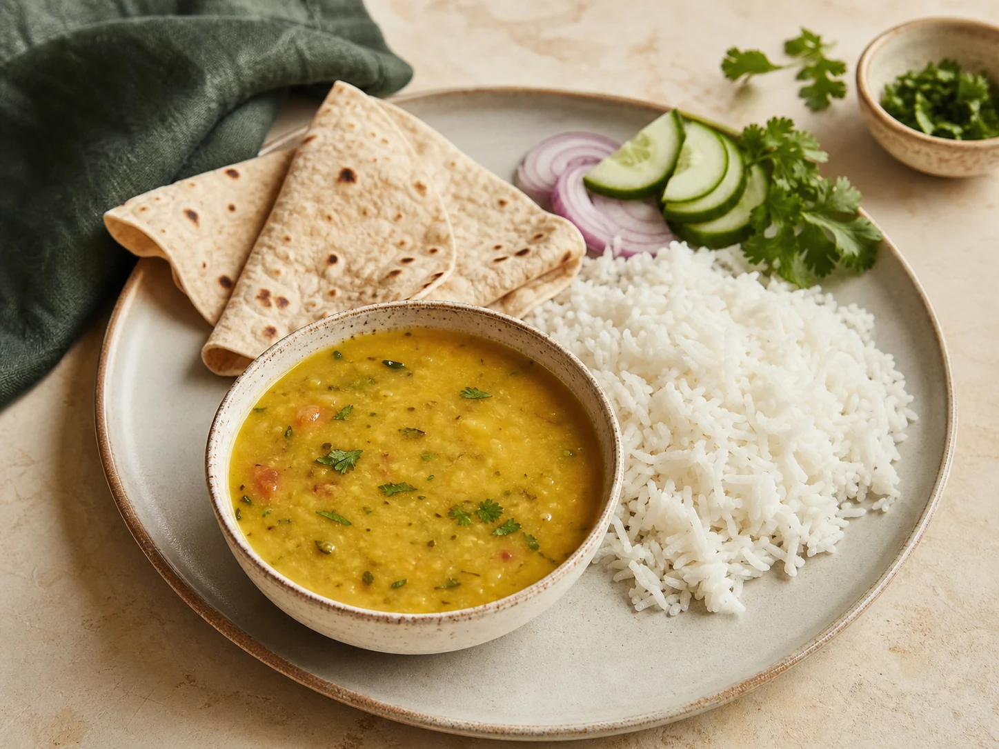 Home-style dal served with rice and roti