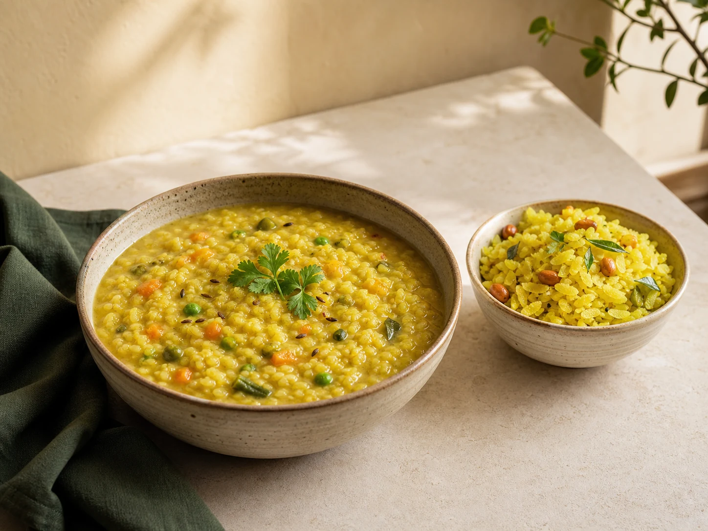 Bowls of home-style khichdi and poha in warm daylight