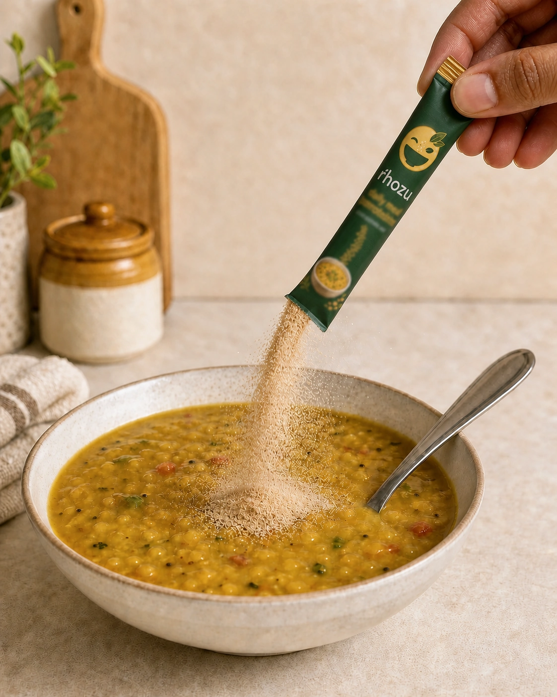Powder being added gradually from a sachet into dal