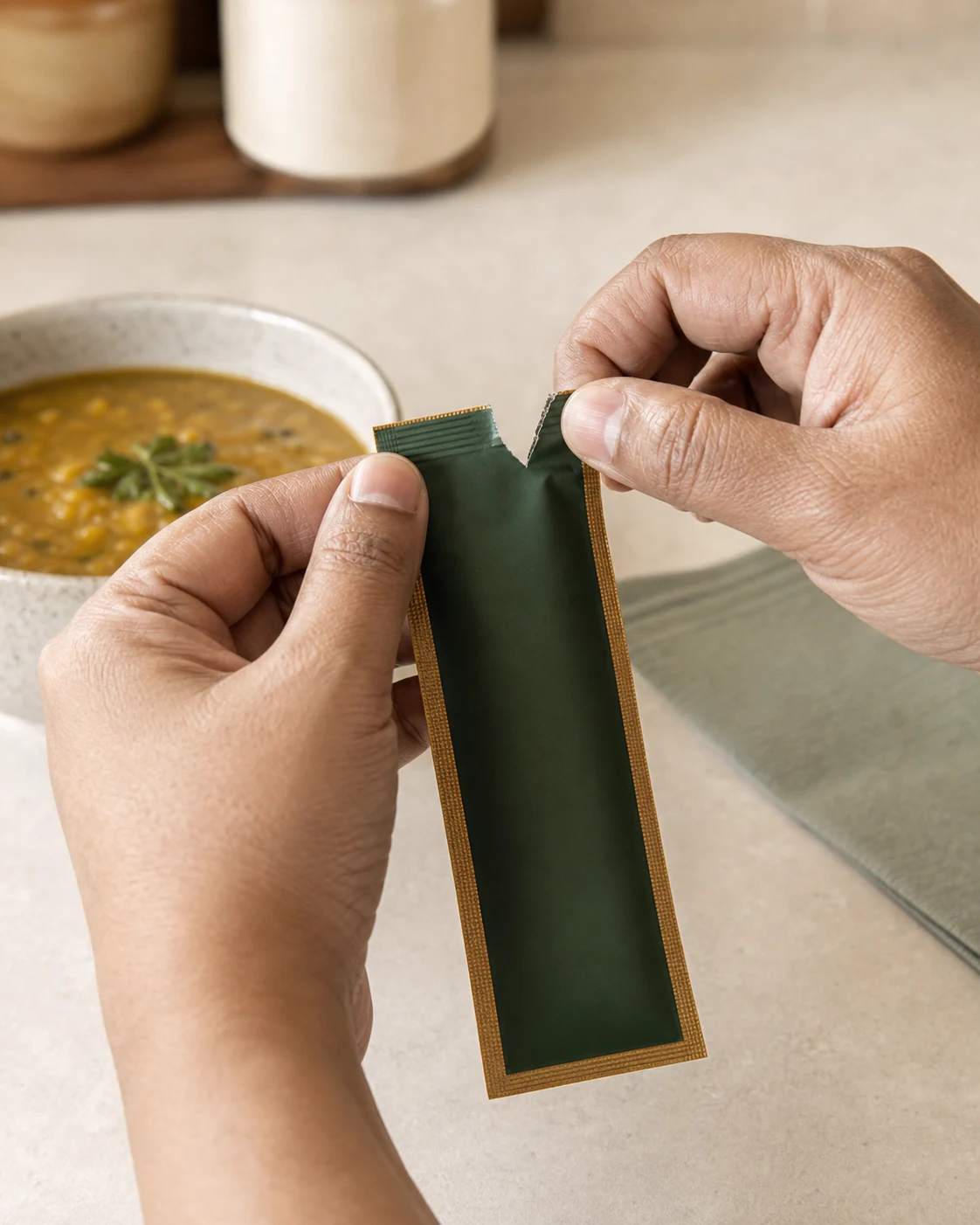 Adult hands tearing open an elongated forest-green sachet